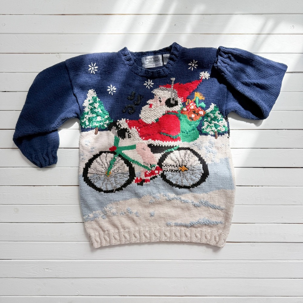Northern Isles vtg Christmas sporty bicycling Santa‎ hand knit sweater size M